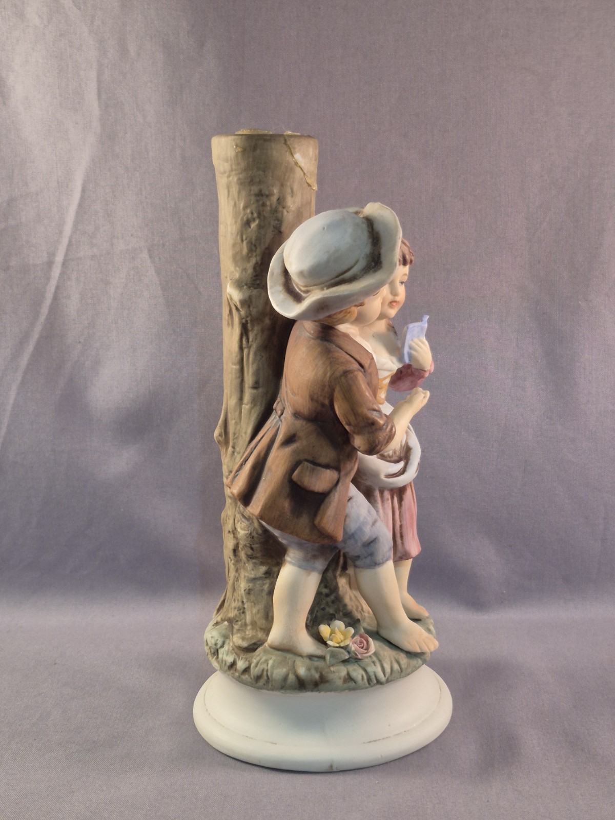 Lefton Figurine Child Girl Boy Reading Standing Tree Light Holder Green Brown