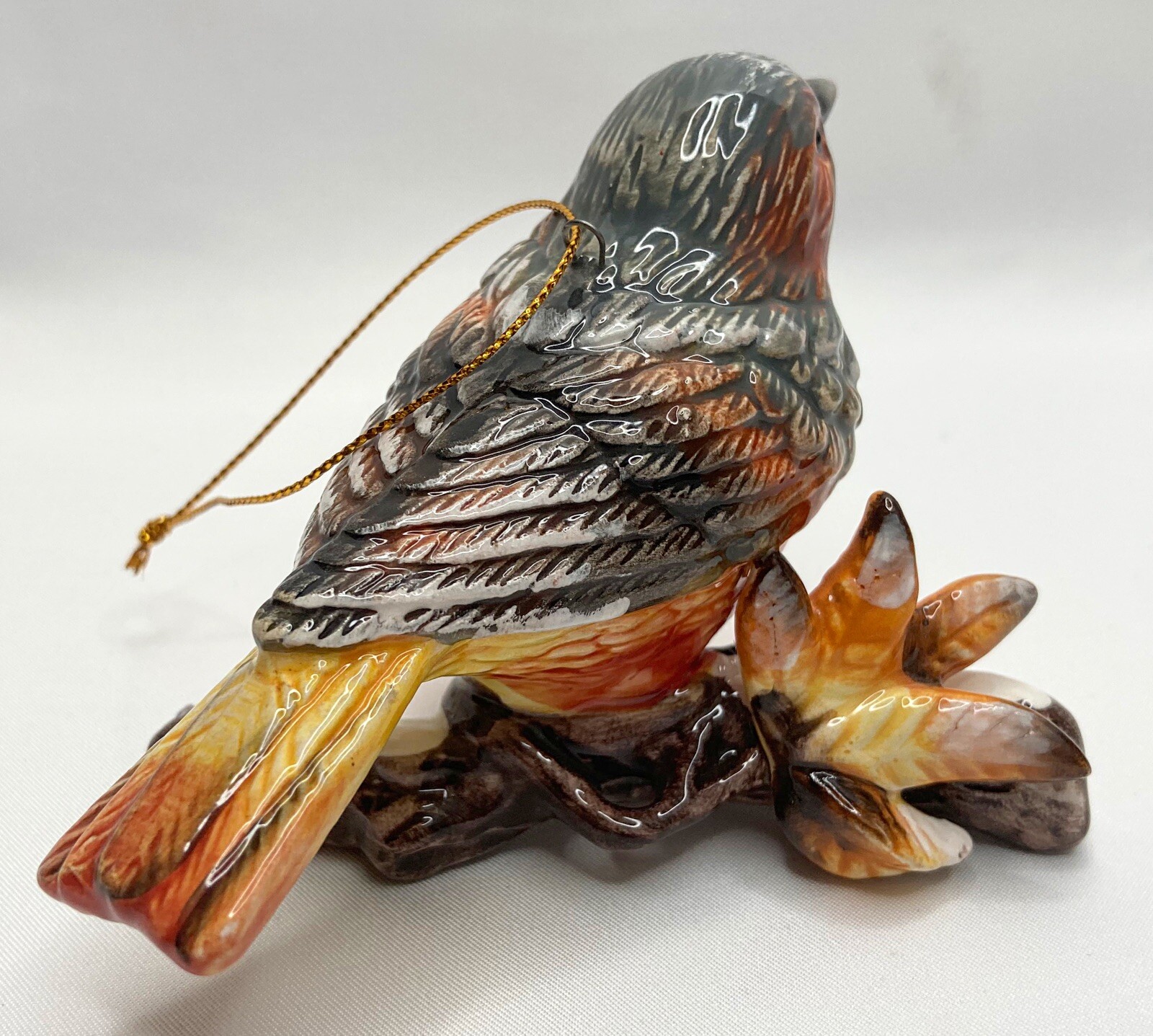 Orange Brown Grey Yellow Ceramic Hanging Ornament Bird On Snowy Branch Figurine