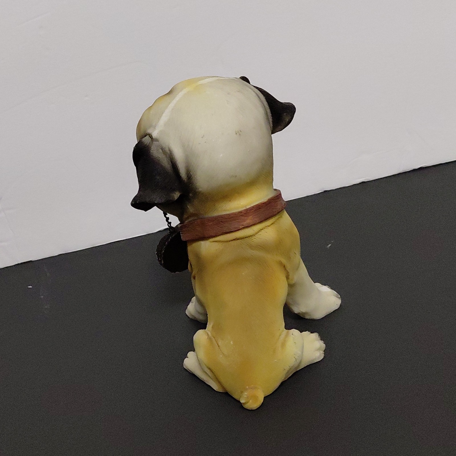 Painted Resin Pug Dog Figurine w/ “Welcome” Sign, Beige Black Brown White