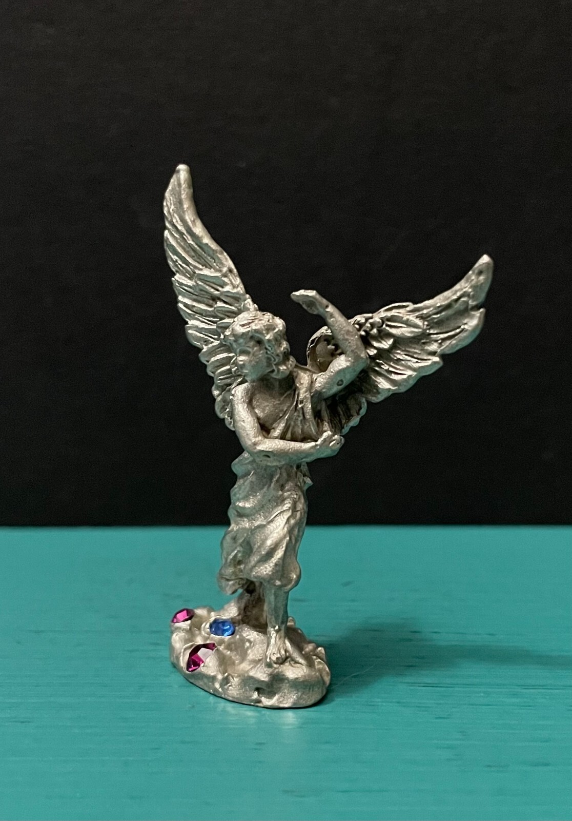 Comstock CCI Pewter Guardian Angel Wing Aqua Rose Jewel Diorama Mini Figurine