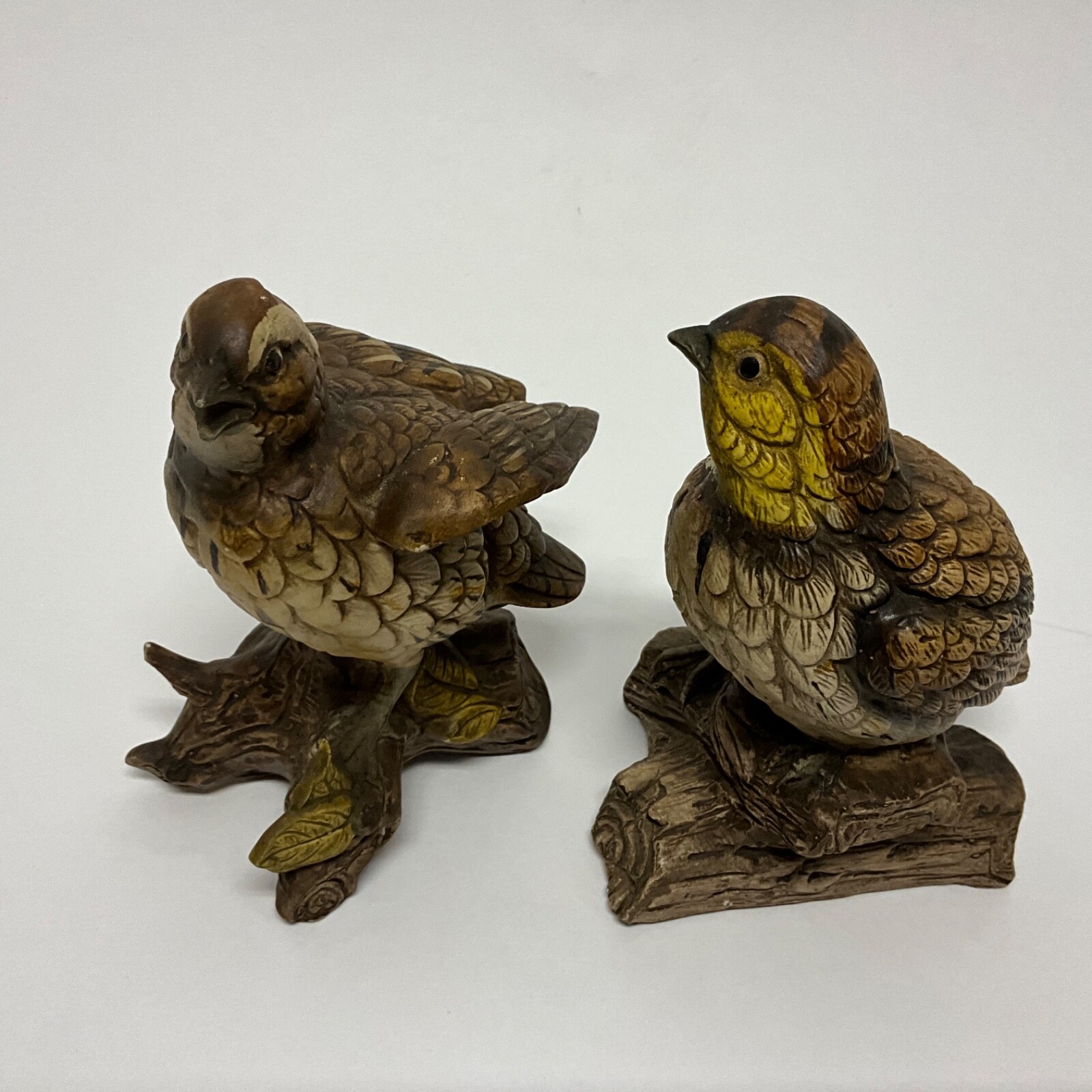 VINTAGE PAIR OF NORLEANS HAND PAINTED CERAMIC BROWN BIRD ON BRANCH FIGURINES 7”