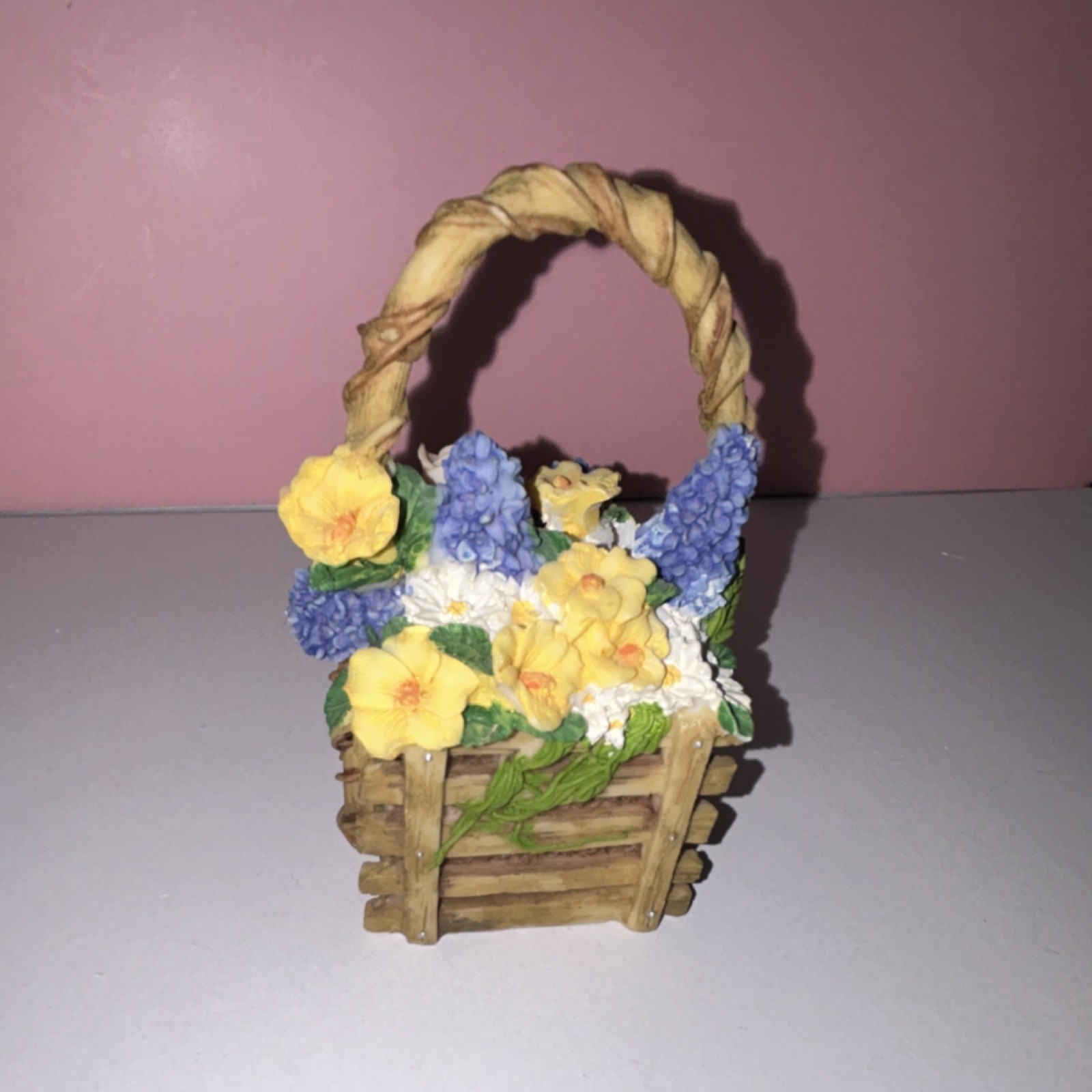 Hand Painted Resin Floral Flower Basket Figurine With Handle Multicolor