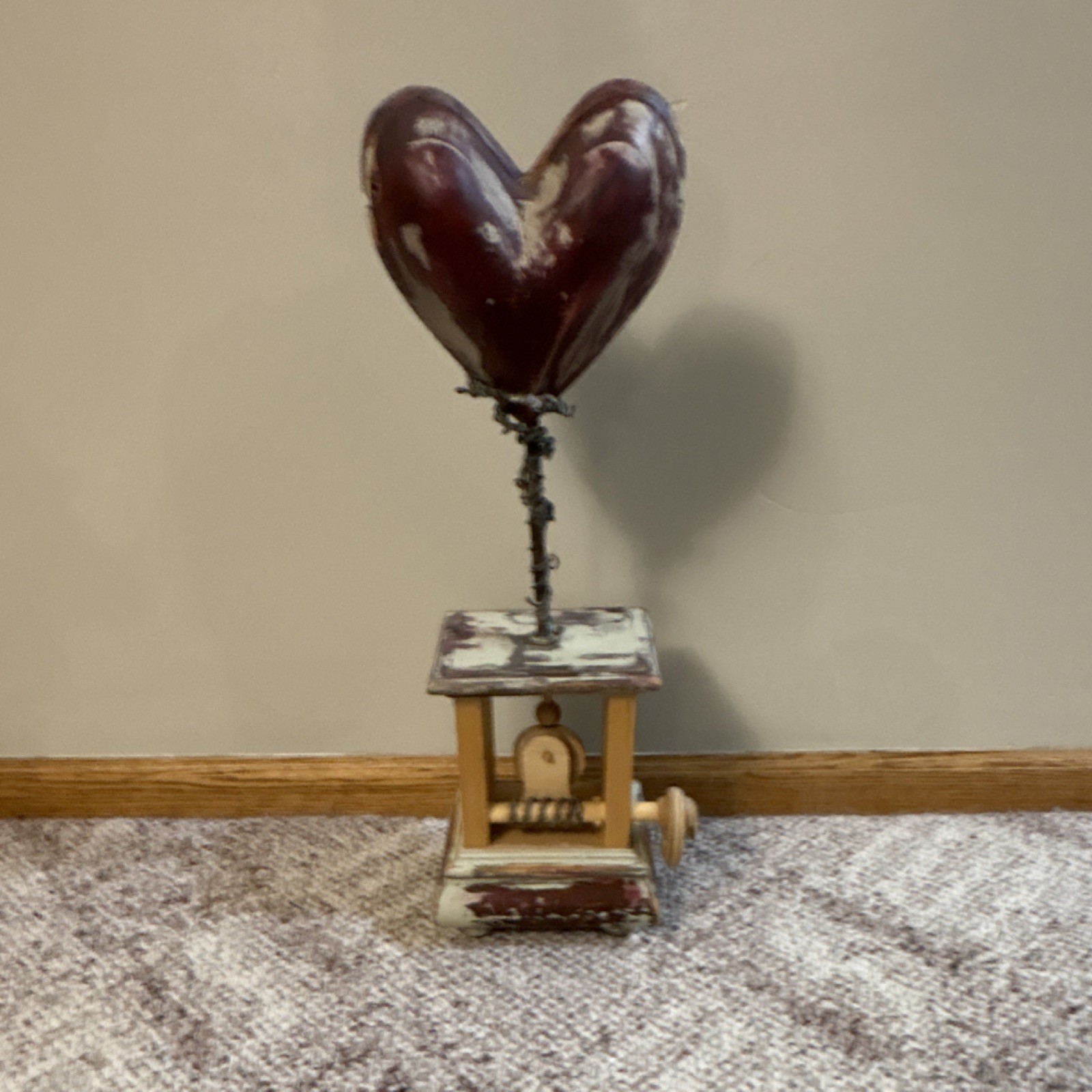 Distressed Heart Carved Wood Metal Figurine Sculpture for Any Room