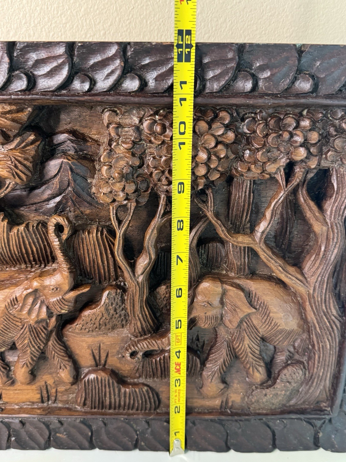 Vintage Thailand Elephants Scene Hand Carved Teak Wood Wall Hanging Art