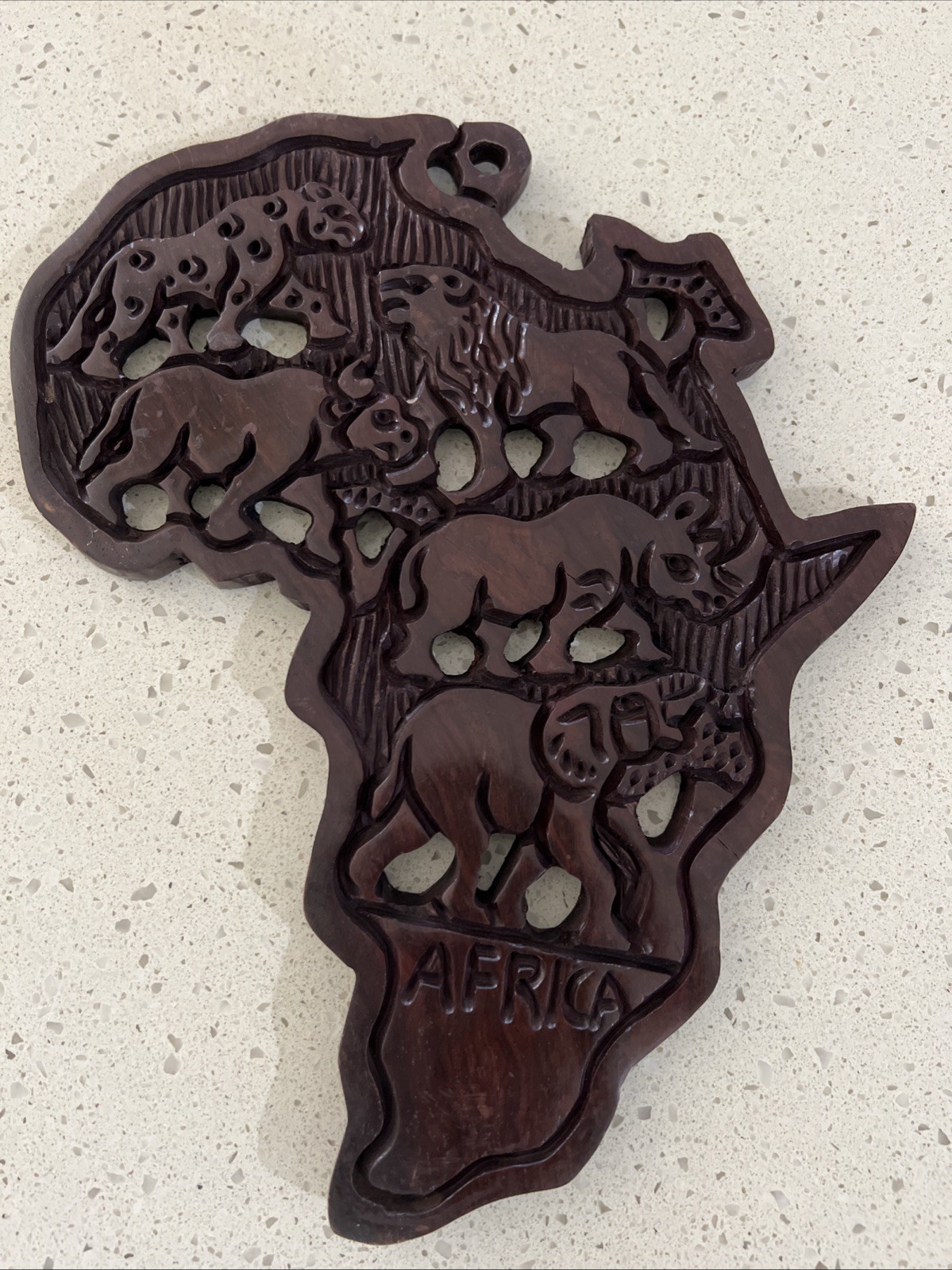 African Map Wooden with Big 5 animal carvings. Handmade in South Africa