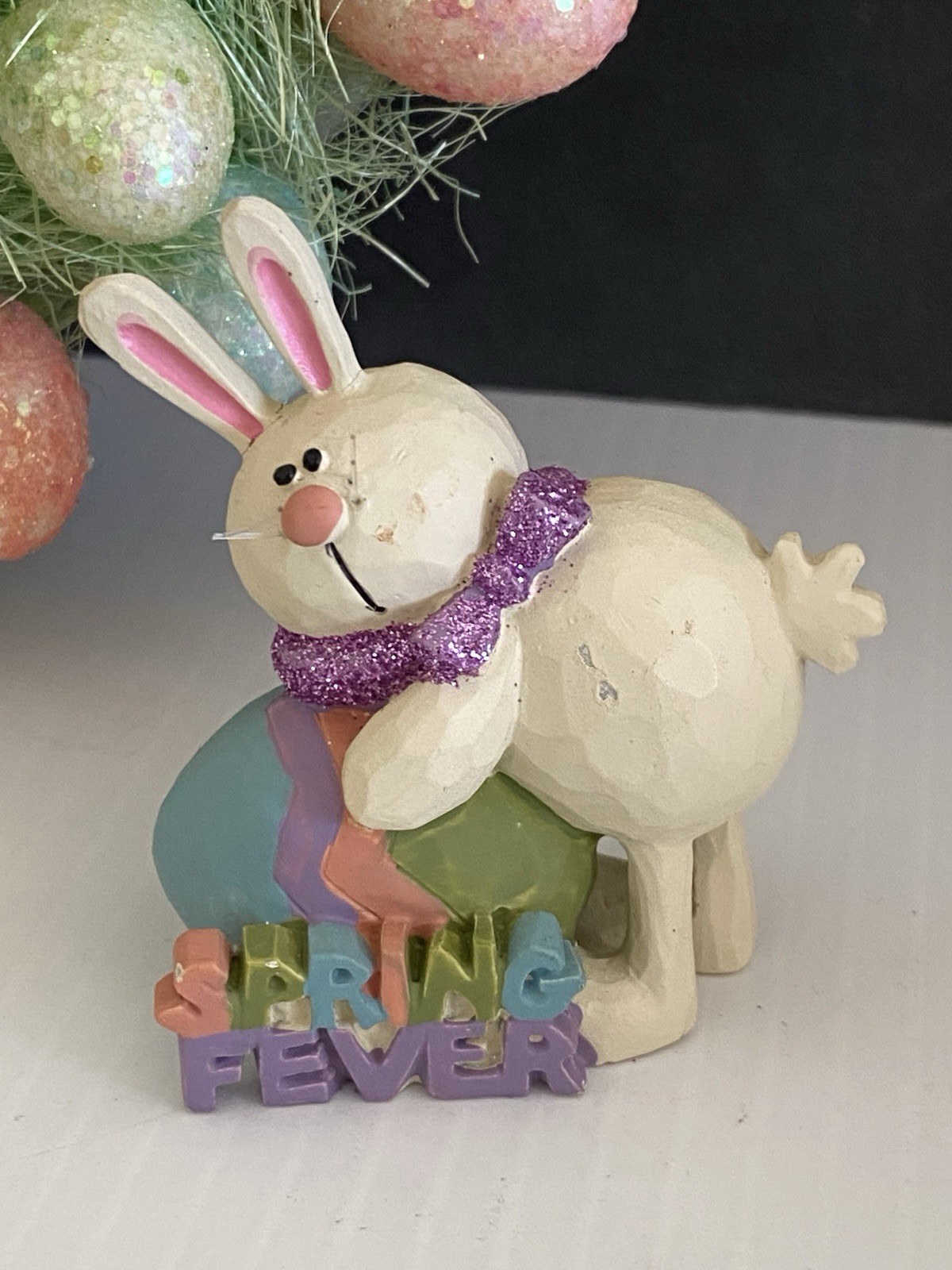 Blossom Bucket Bunny Figurine Holding Easter Egg Easter Spring Figure Vtg Flaws