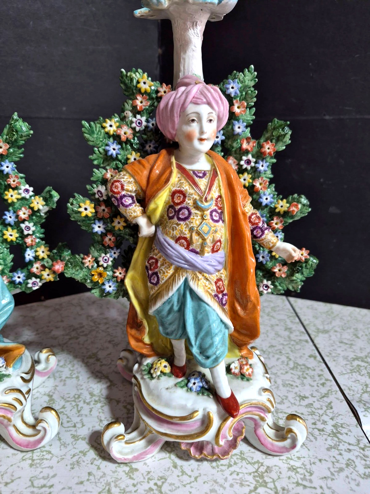 Antique English Chelsea Porcelain Figurine Couple, 13″ high. RESTORED.