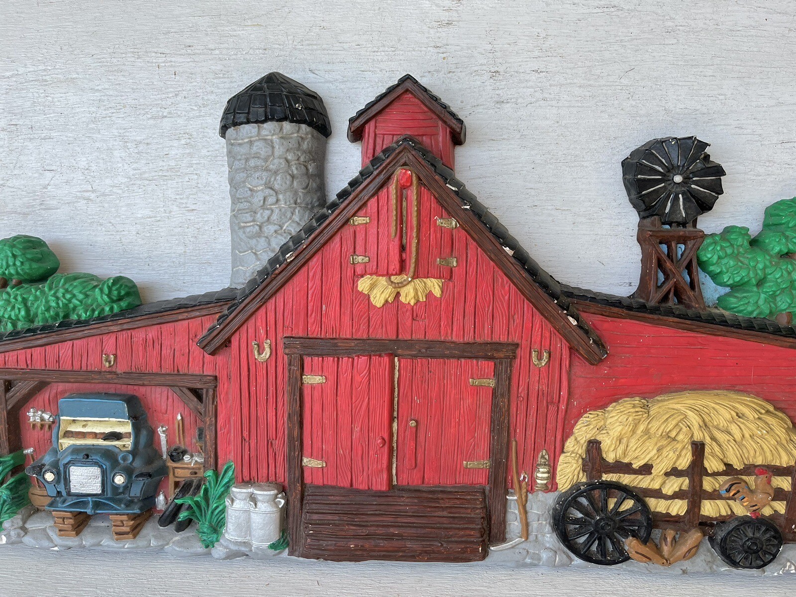 SALE-Vintage Chalkware Plaster 3D Barn Farm Scene Wall Hanging (Heavy 21lb) 38”