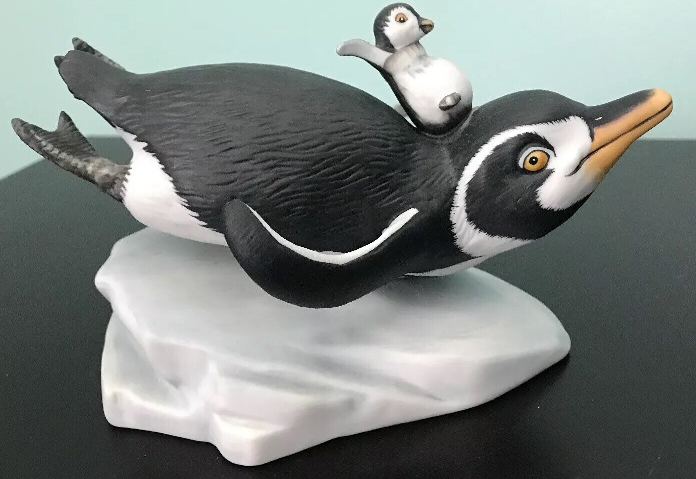 Franklin Mint Hand Painted Porcelain Penguins on Ice Whee! Figurine figure 1987