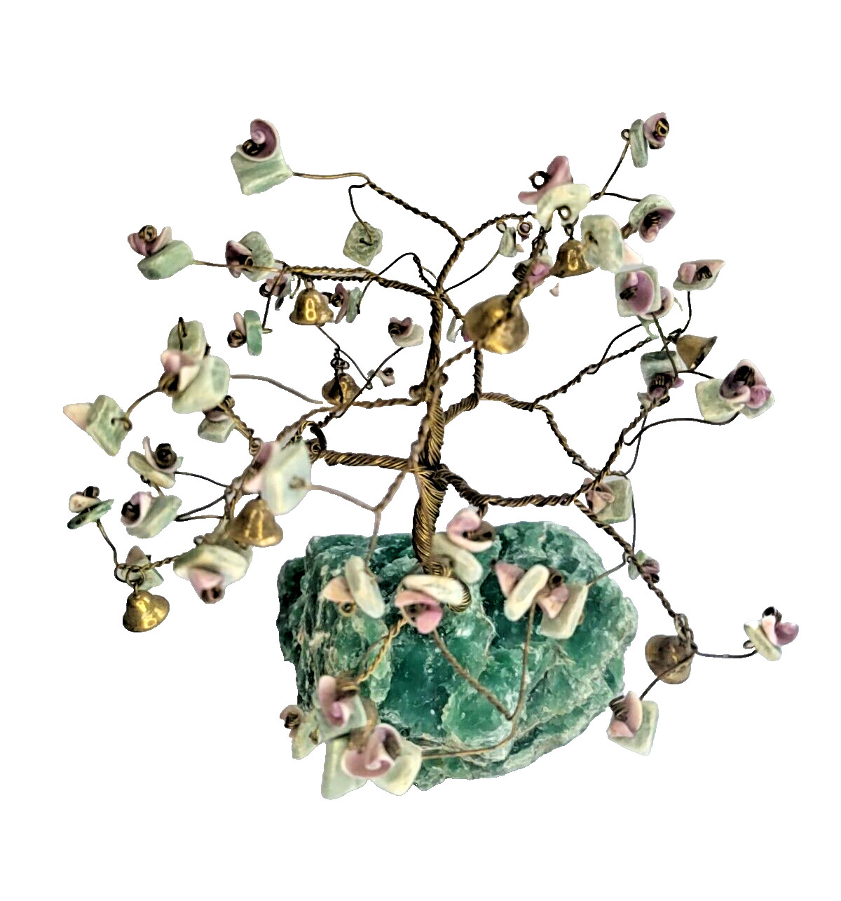Bonsai Prosperity Tree Twisted Wire Sculpture Stone Base Bells Shell 6.5″ X 6.5″