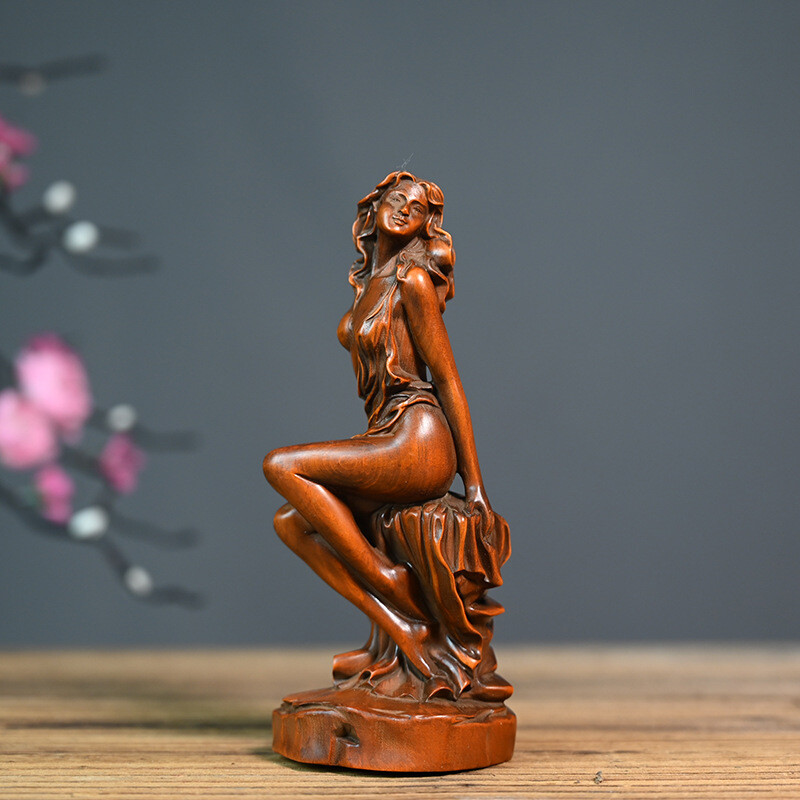 Chinese Boxwood Wood Carving Sexy Beautiful Woman Statue Wooden Sculpture Decor