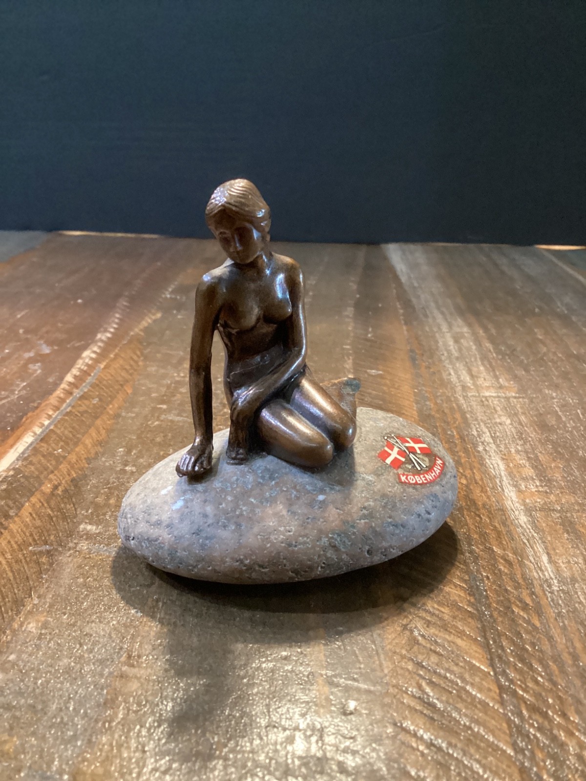Vintage Copenhagen bronze Little Mermaid figure sitting on a real Rock/stone 3”