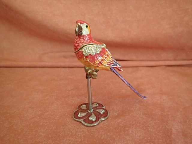 Cloisonné Parrot Figurine Trinket Box Hinged Head w/Magnet Jeweled Enamel Bird