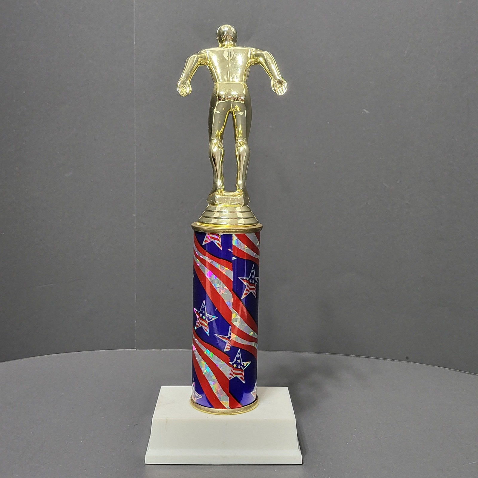 Gold Swimming Male Athlete Trophy Patriotic Stars Stripes 11.5 Inch
