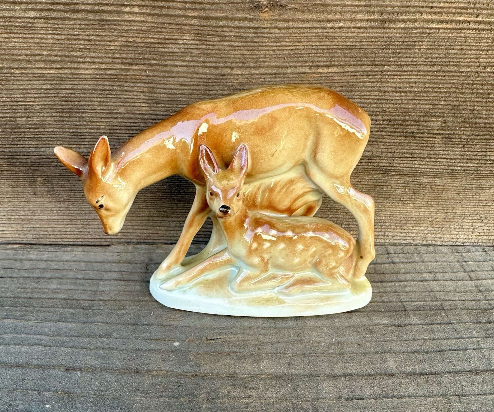 Vintage Porcelain Doe Deer Fawn Figurine Spots, Retro, MCM 3” High x 4 1/4” Long