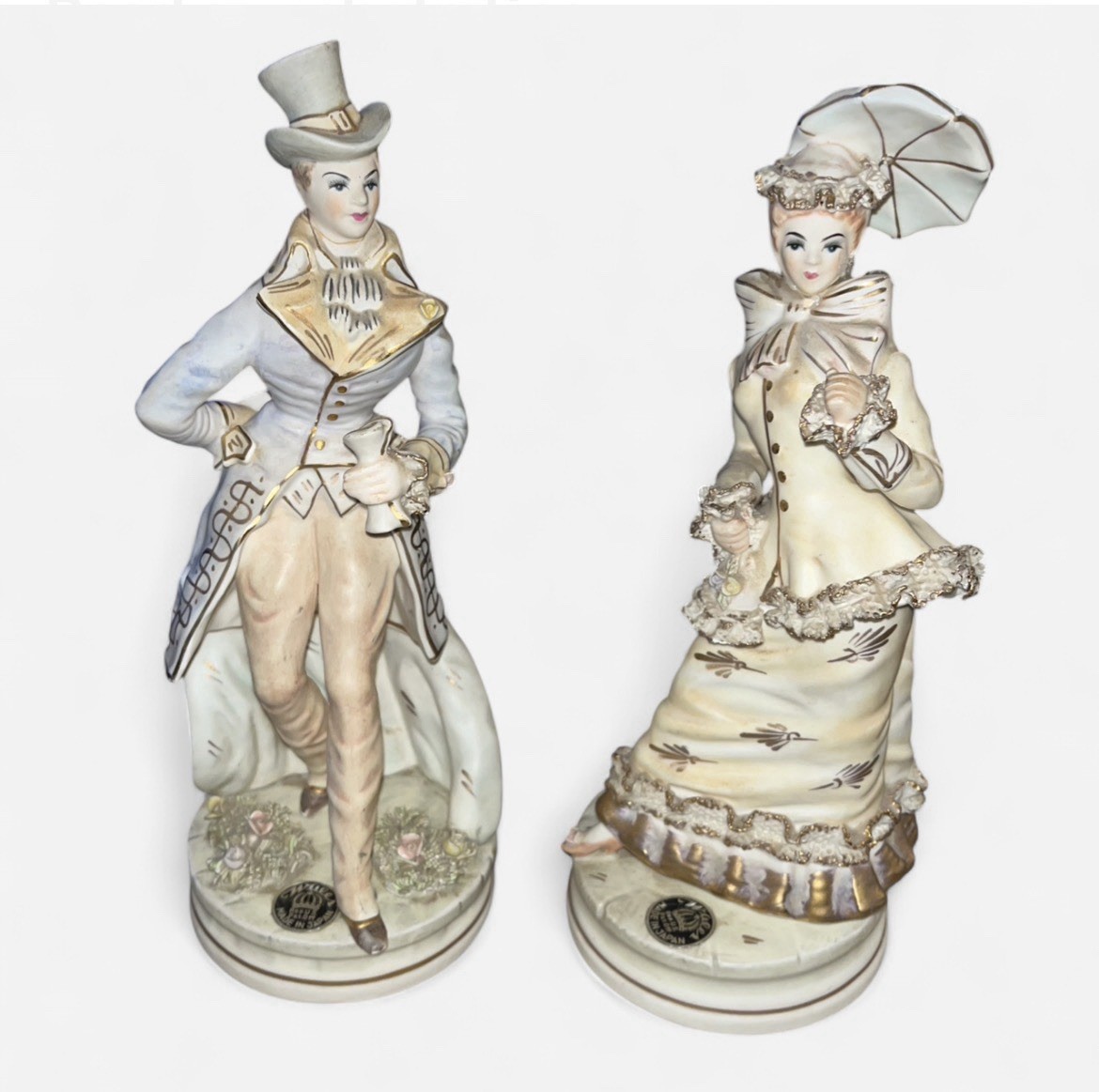 VTG Japanese Wales Hand Painted Porcelain Bisque Figurines US Patent Office 1950