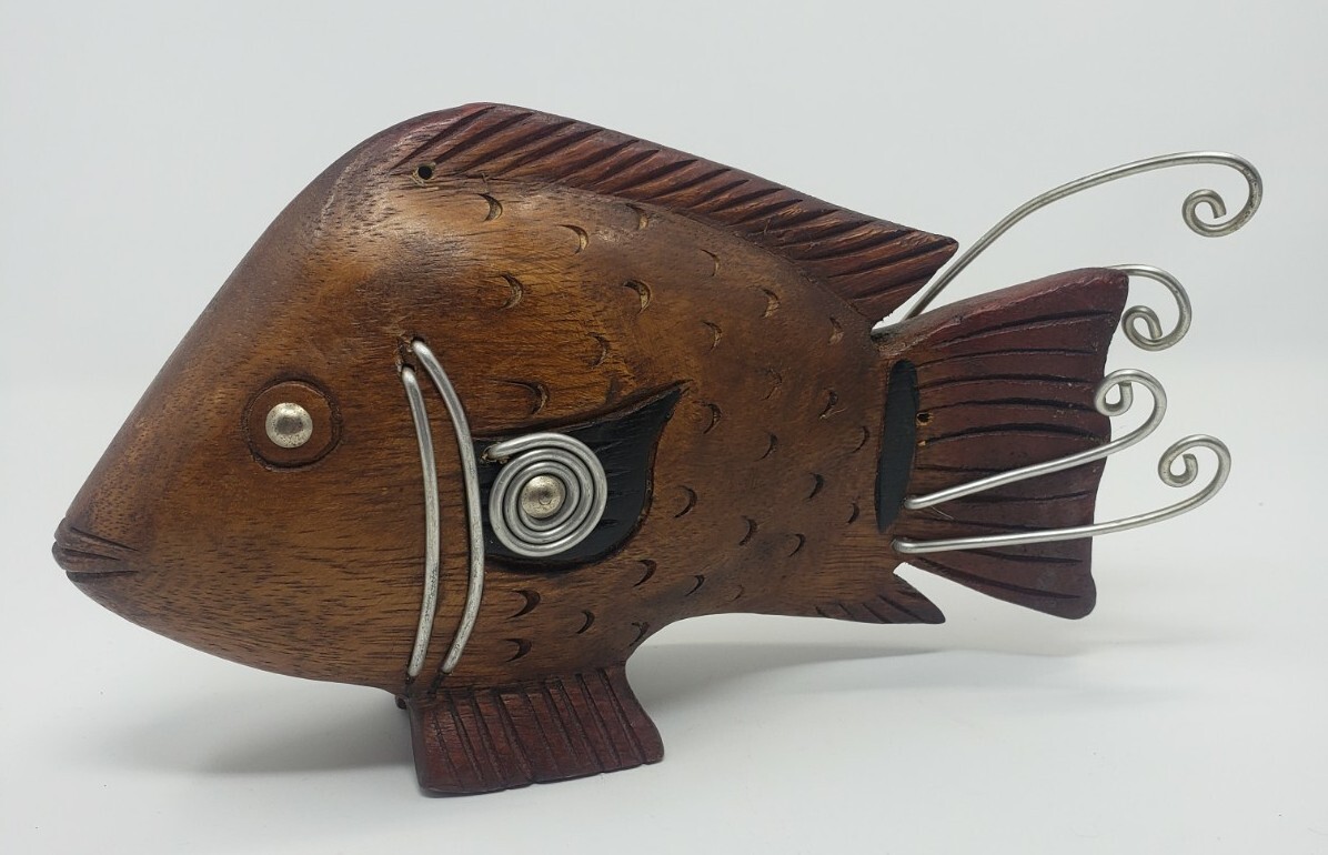 Wood Fish Carved Sculpture Figurine Ocean Fishing Tropical Wood Metal Accents