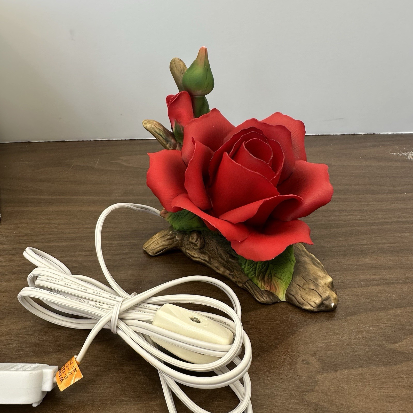 Porcelain NightLight Red Rose On A Log Lighted Figurine Rosebud Floral Garden