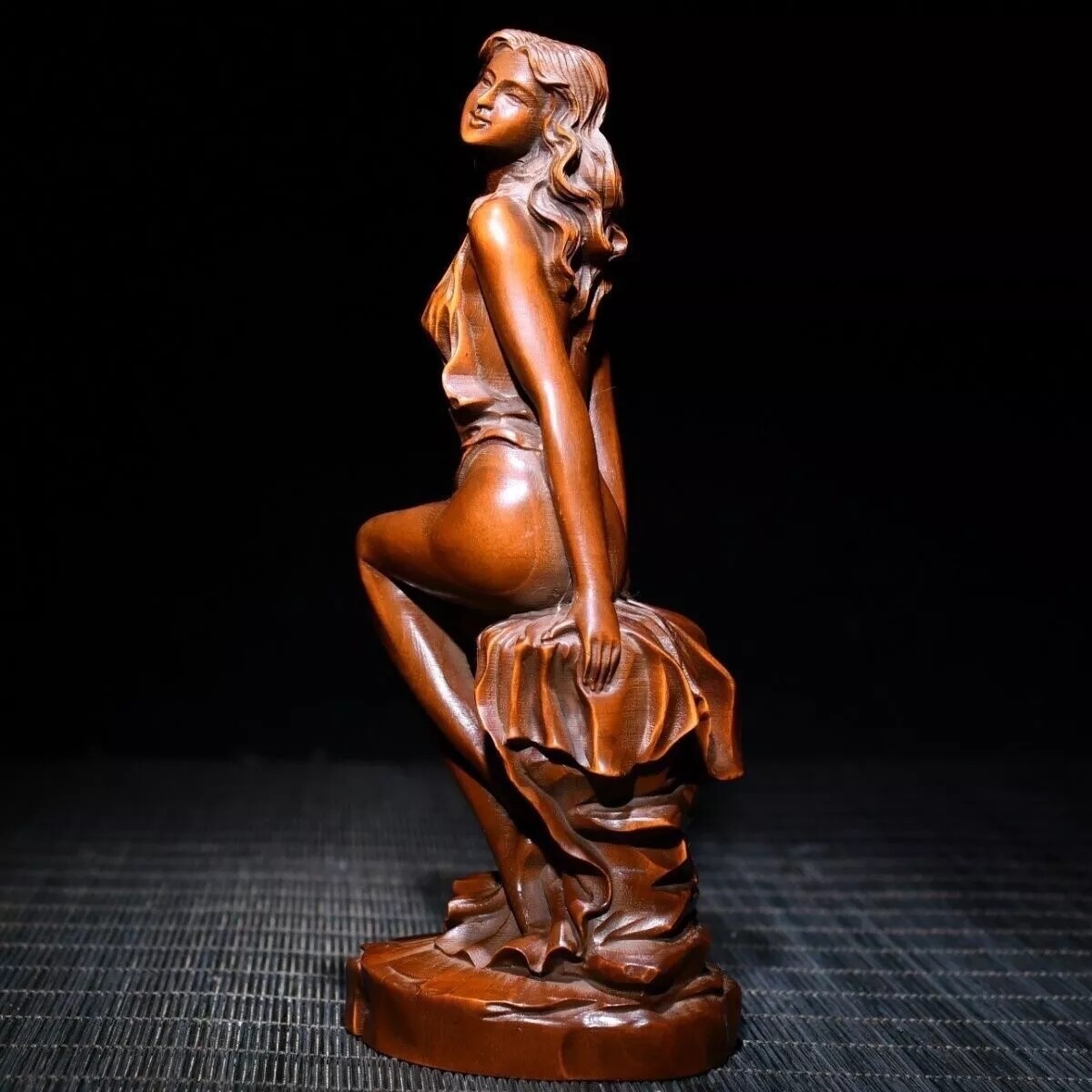Chinese Boxwood Wood Carving Sexy Beautiful Woman Statue Wooden Sculpture Decor