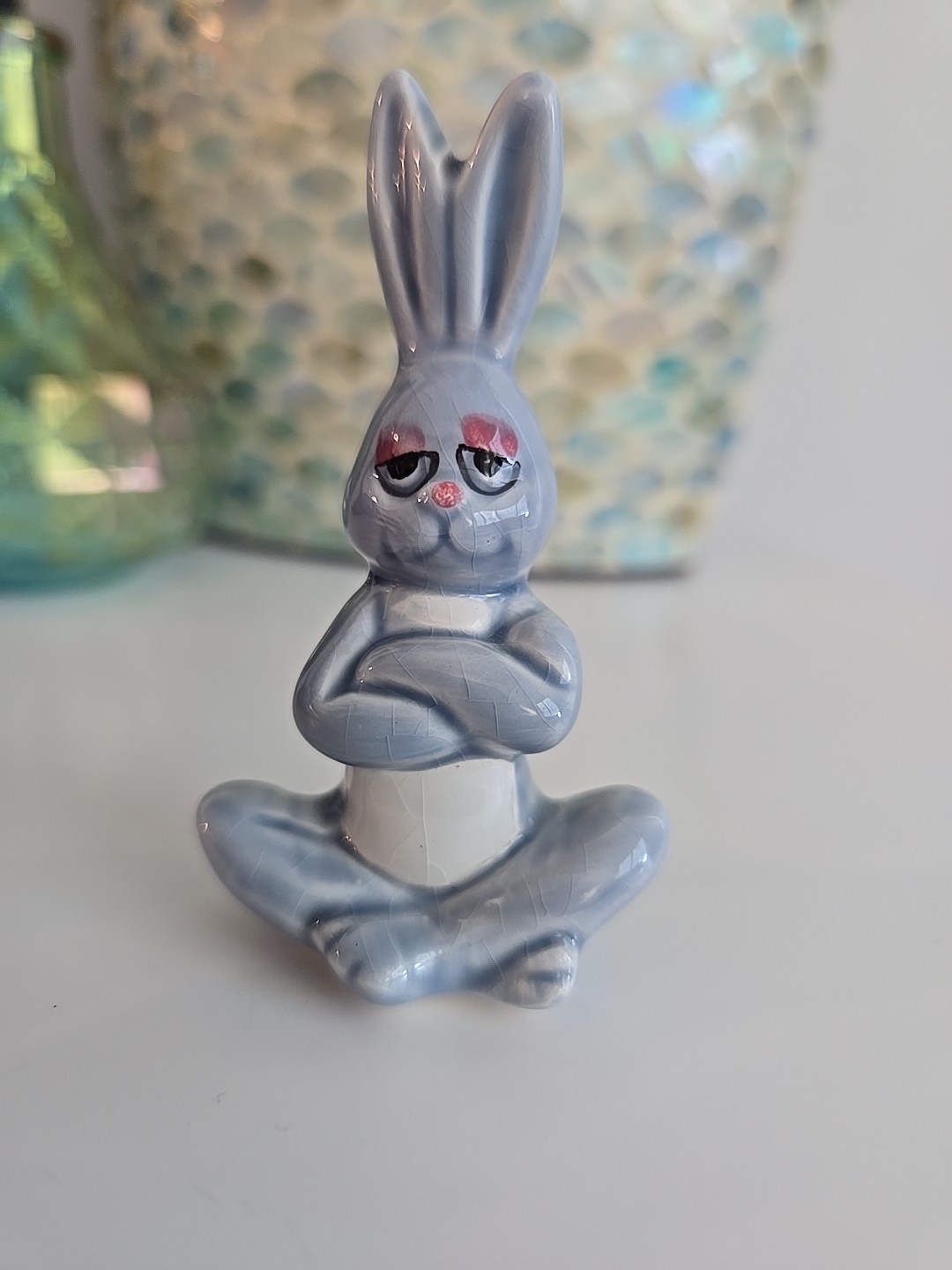 Vintage 3″ Easter Bunny Ceramic figure Cartoon Funny Sarcastic Yoga Rabbit