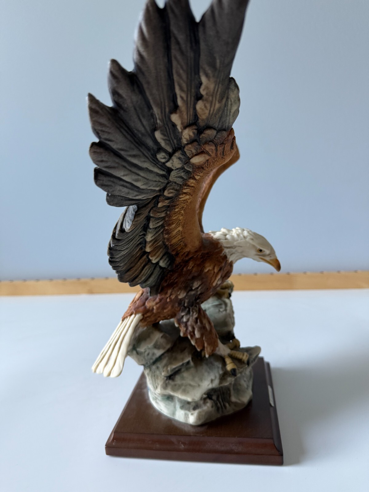 G. Armani Capodimonte Signed Eagle Landing On A Rock Statue w/ Wood Base