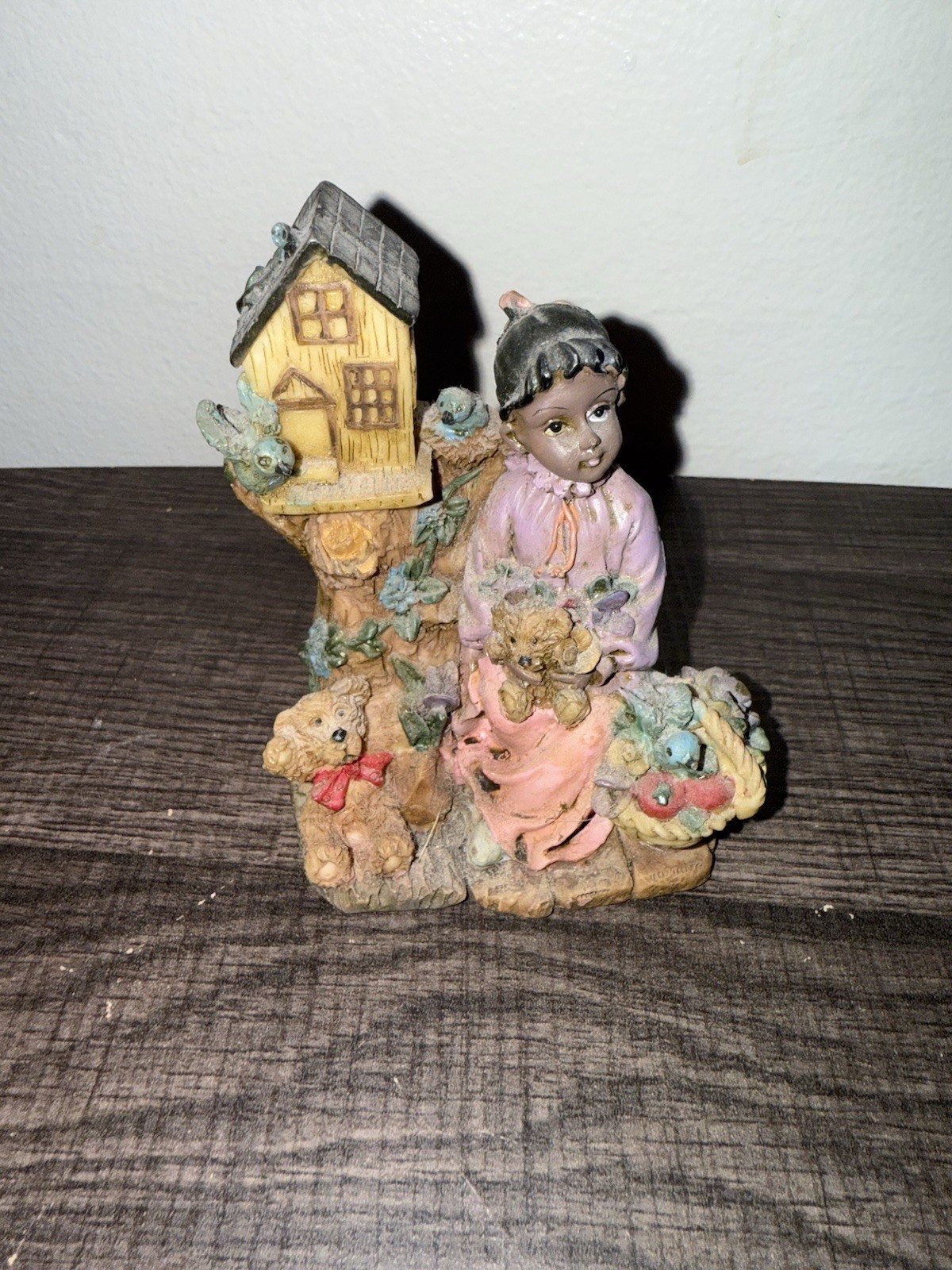 African American Girl Figurine with House and Basket Vintage