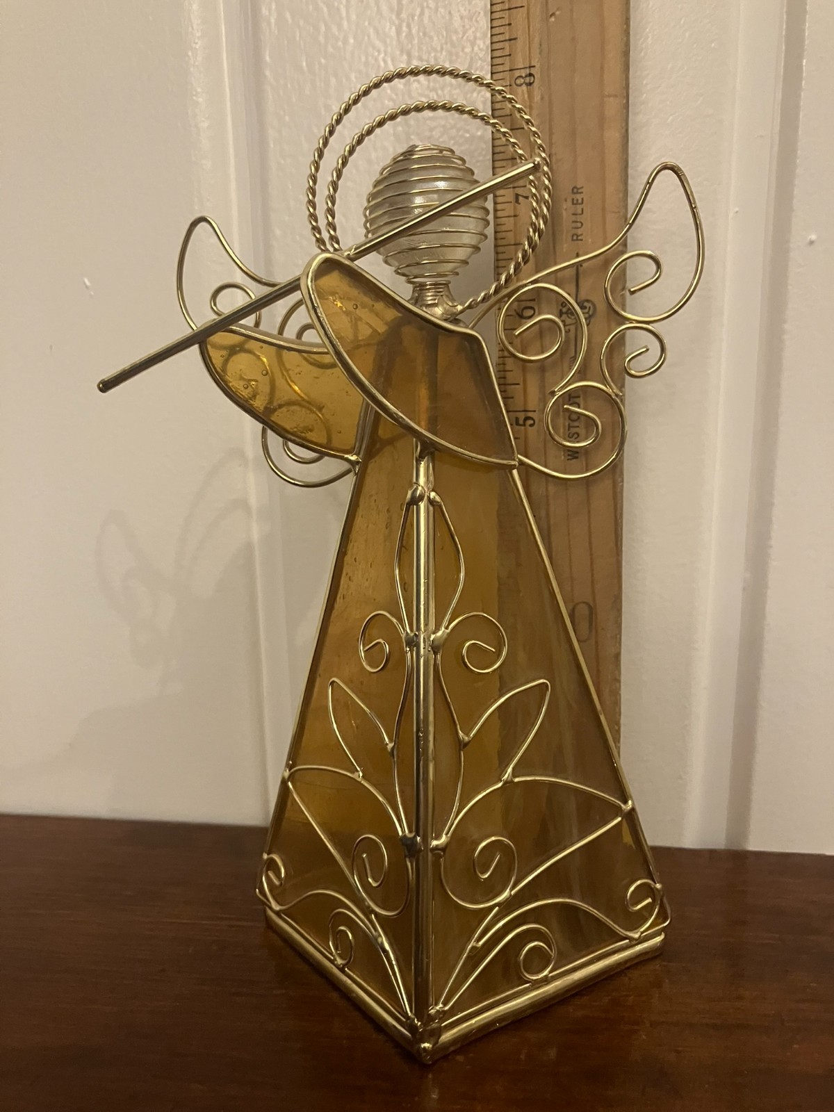 Yellow Gold Vintage Stained Glass Flute Playing Angel 8″ tall X5 1/2″ in length