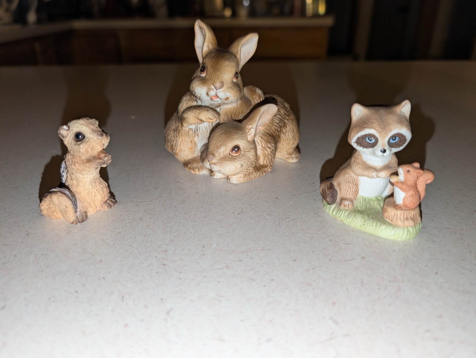 Homco Bunny Rabbits Racoon w/ Squirrel and 1 other little critter