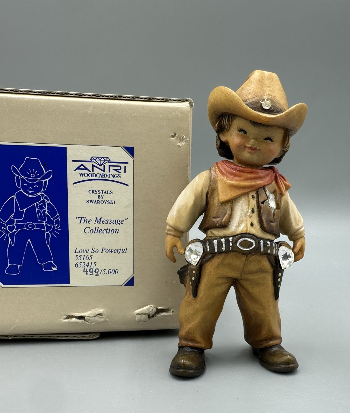 ANRI Wood carving SWAROVSKI CRYSTALS Love So Powerful COWBOY Figurine Italy
