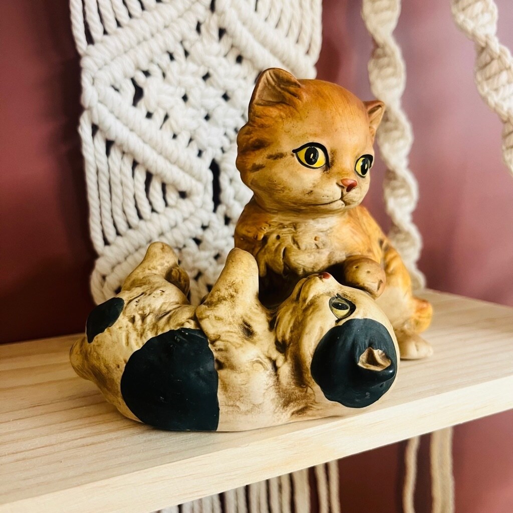 Vintage UCTCI Japan Cat Figurine Two Kittens Playing Ceramic Brown Tones Signed
