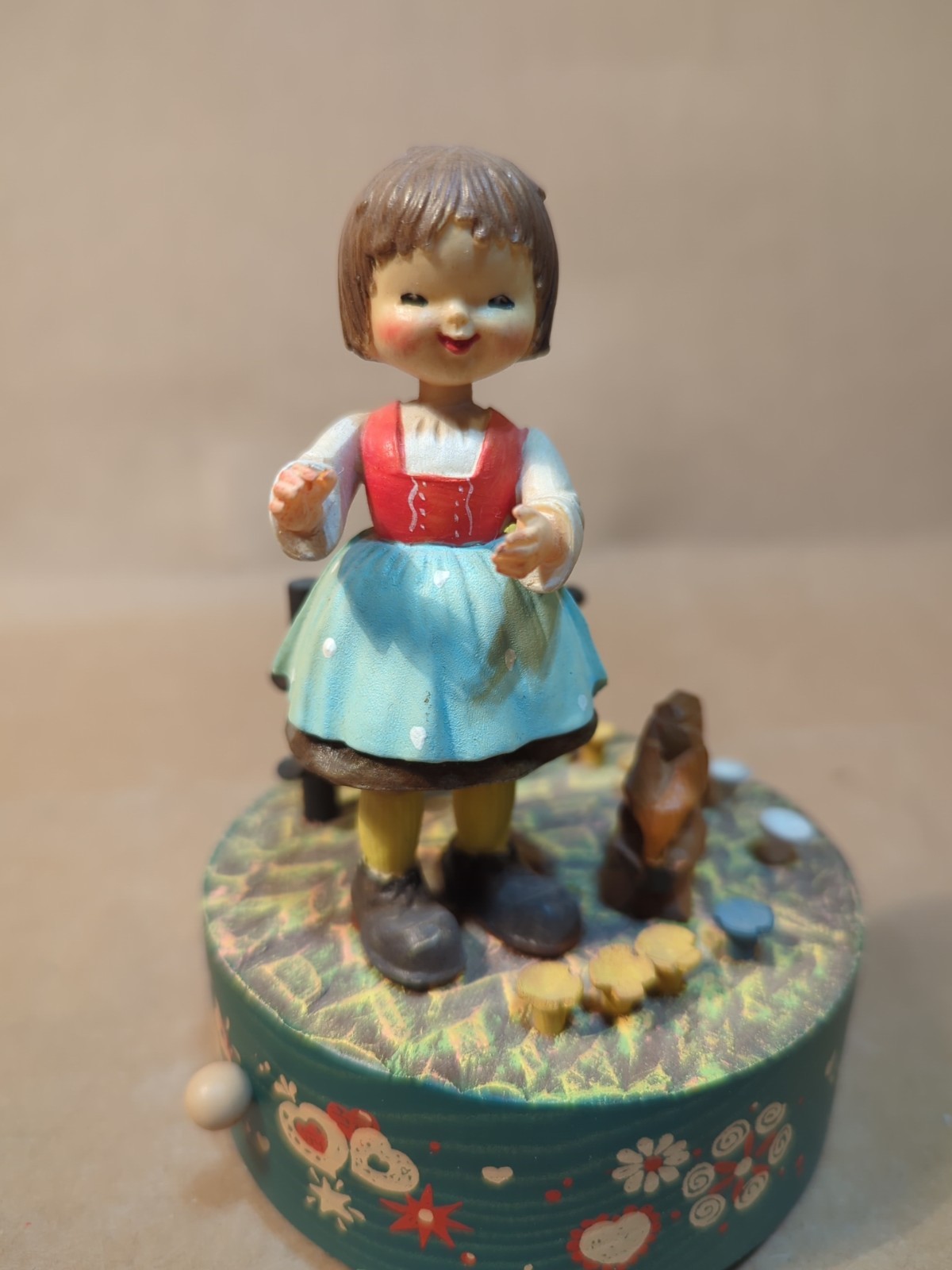 Vintage ANRI Wooden Rotating Music Box Carved Girl Squirrel TALK TO THE ANIMALS