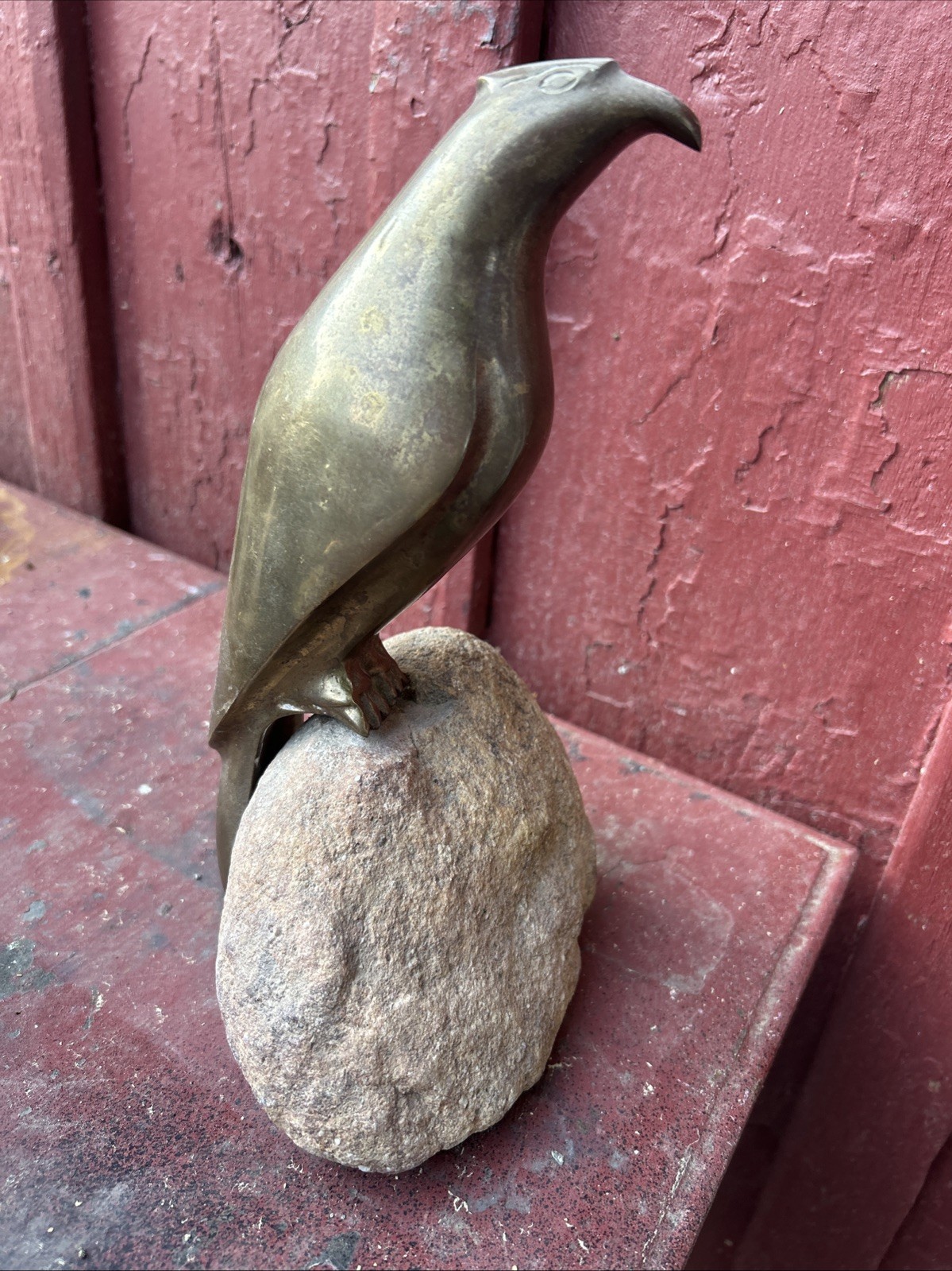 Substantial Brass Falcon Bird Perched On Rock Sculpture Vintage MCM PATINA 9.5”