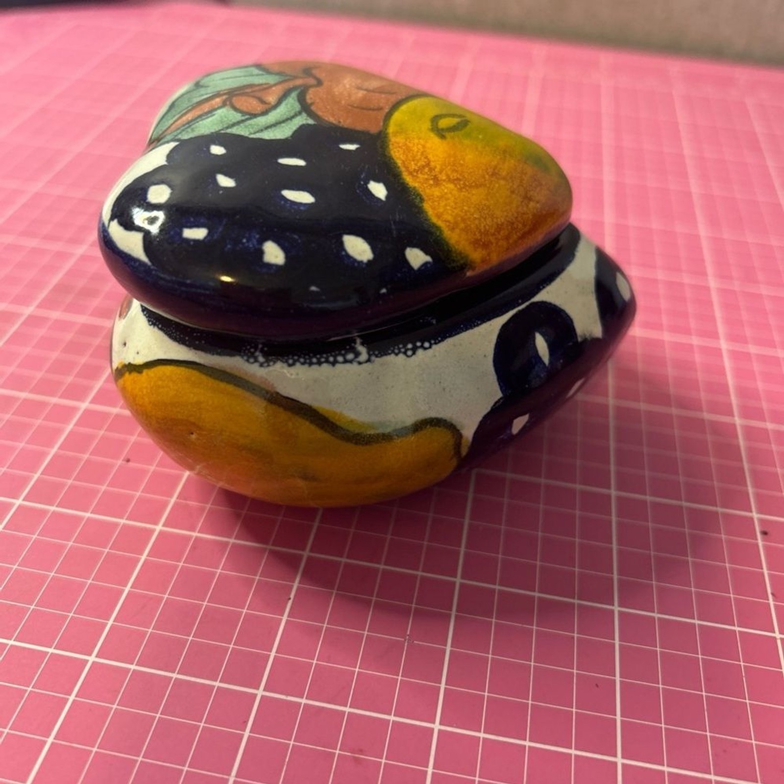 Artistic Blue and Yellow Ceramic Heart Shape Box with Fruit Design