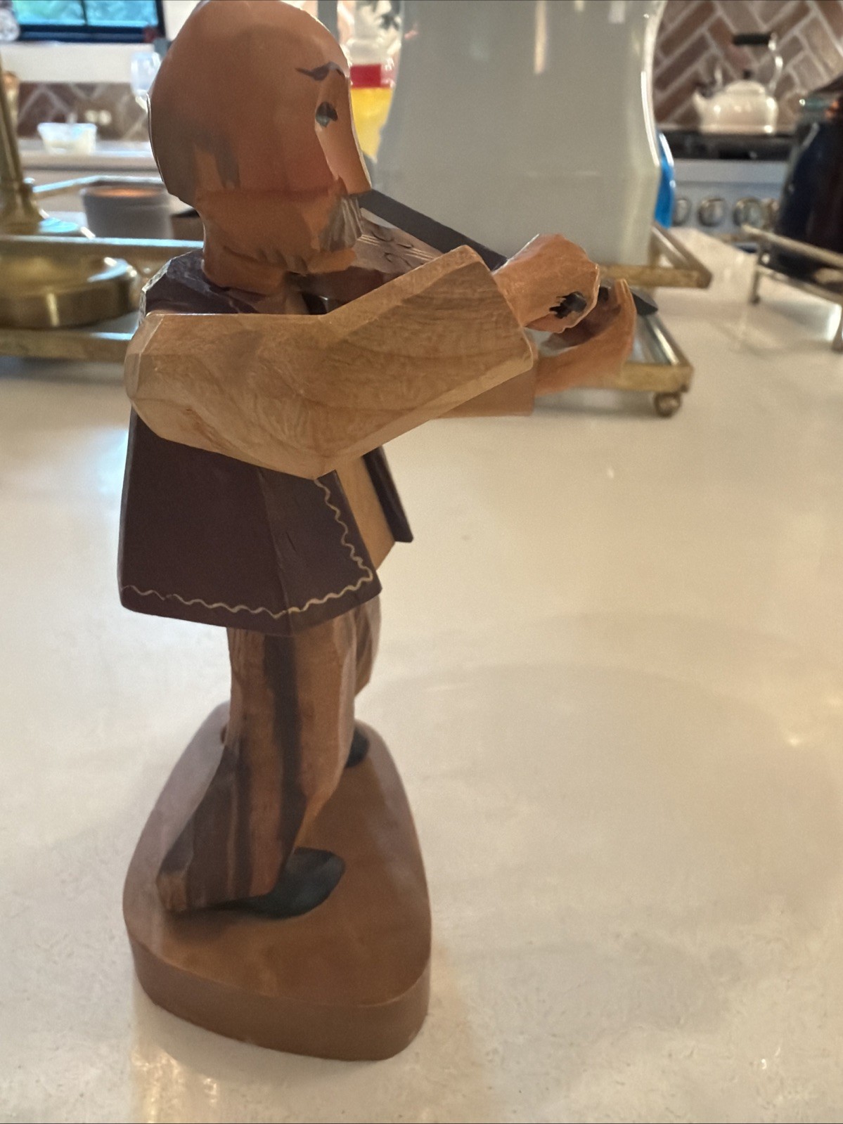 Vintage Caron Quebec Folk Art Wood Carving Stamped Figurine Canada Violin Player