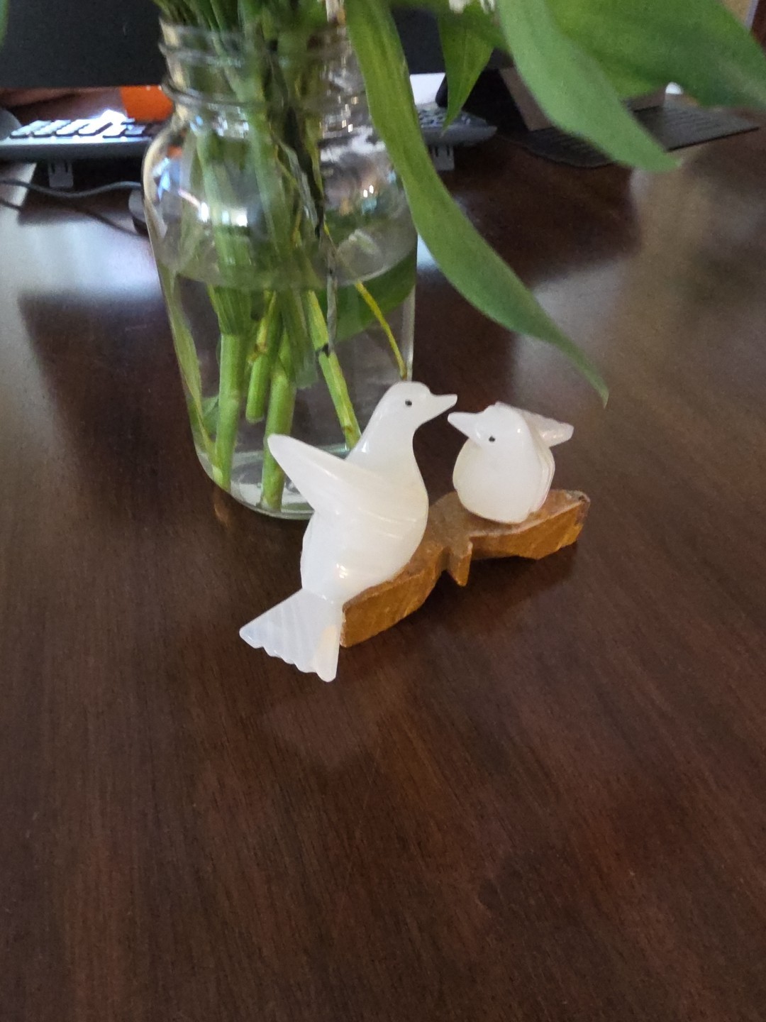 Vintage Carved White Onyx Doves Figurine, Love Birds on Onyx Carved Branch