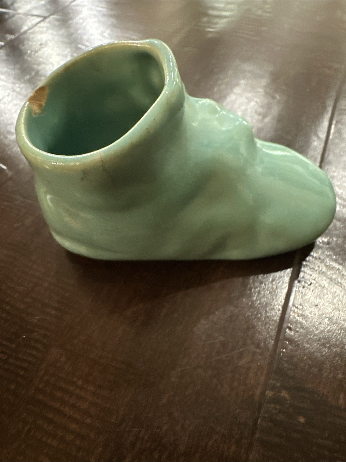 tiny ceramic boot vintage Aqua Blue baby shoe, 1 3/4” tall Precious Nursery Boy
