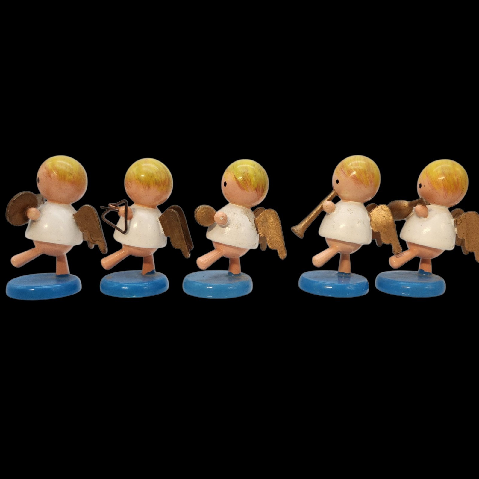 5 Wood Angel Musical Christmas Figurines Goula Spain Erzgebirge 2″ Vintage READ