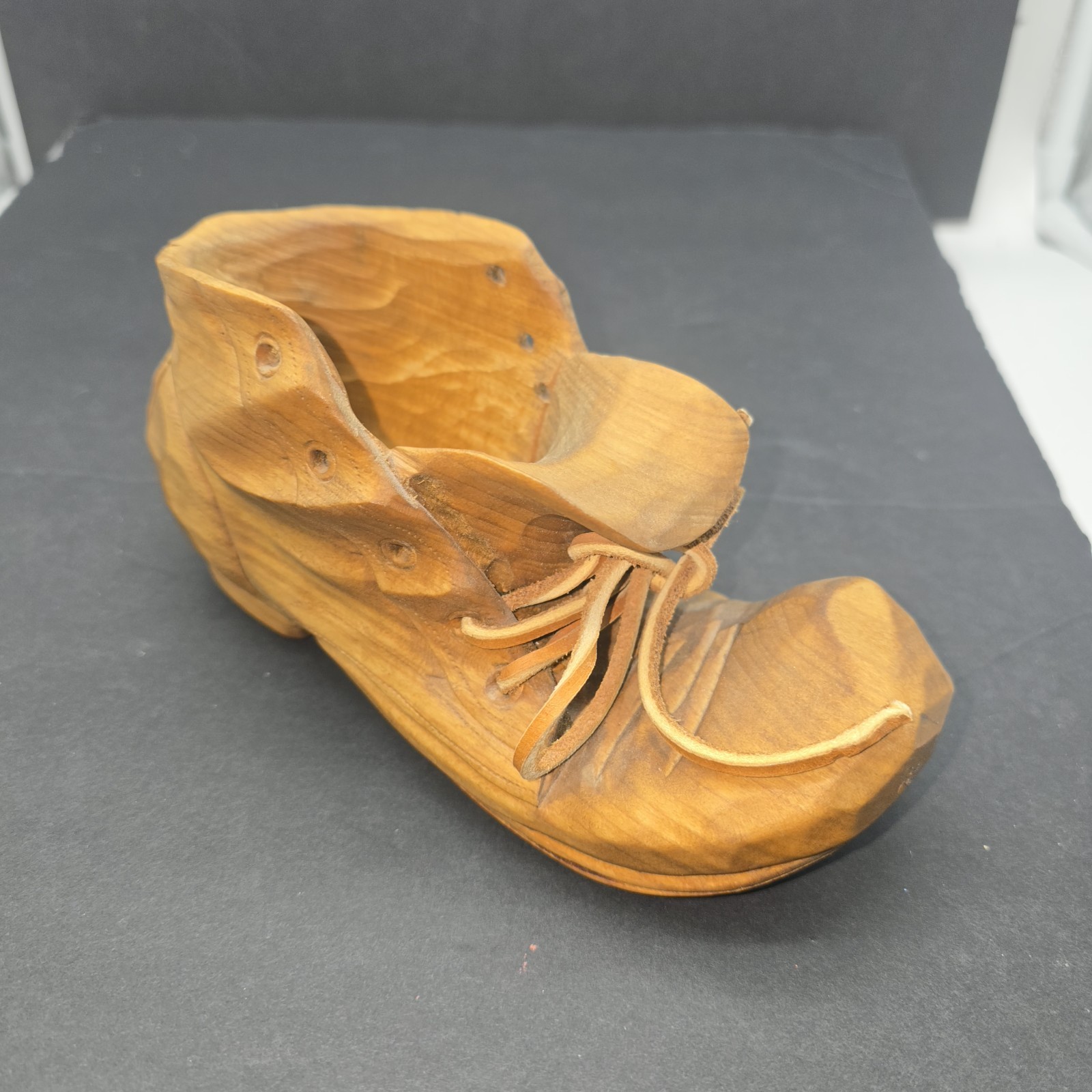 Gene Clevenger Hand Carved Wood Boot American Folk Art Leather Laces Signed Vtg