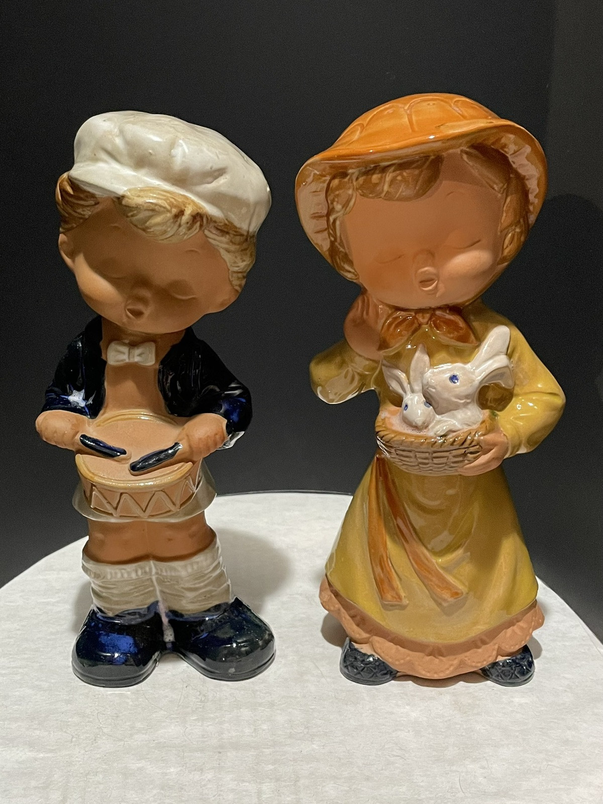 Drumming Boy and Girl + Bunnies 8.5 in Tall Japan Handcrafted Gift