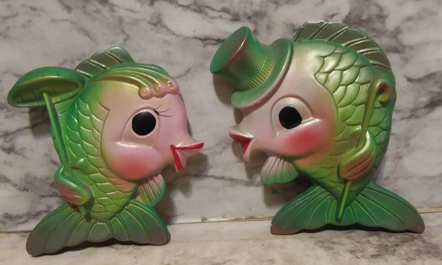 Vtg 1969 Miller Studios Green FISH COUPLE Anthropomorphic Chalkware Wall Plaques
