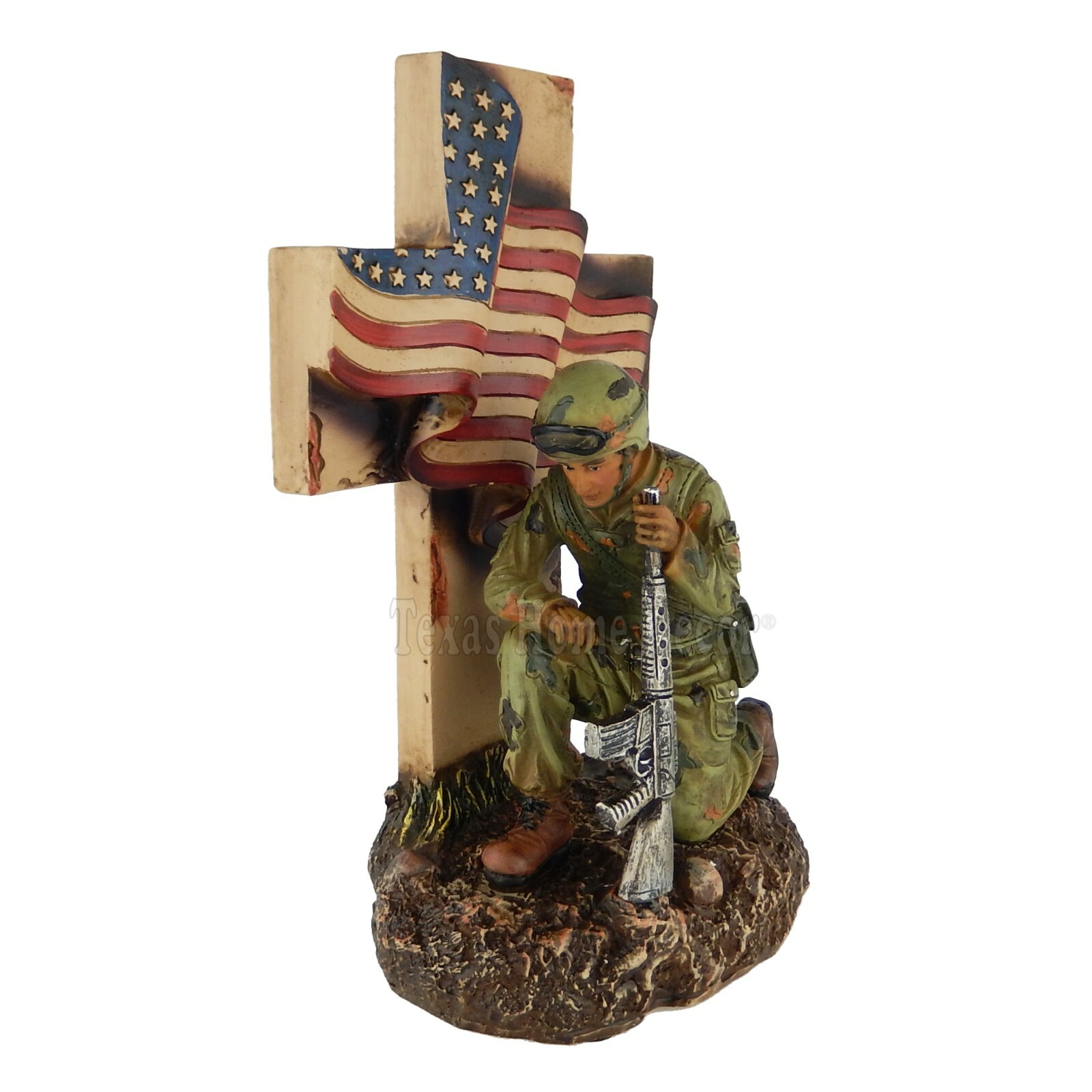 Kneeling Soldier Figurine American Flag Religious Cross Patriotic Decor 10 inch