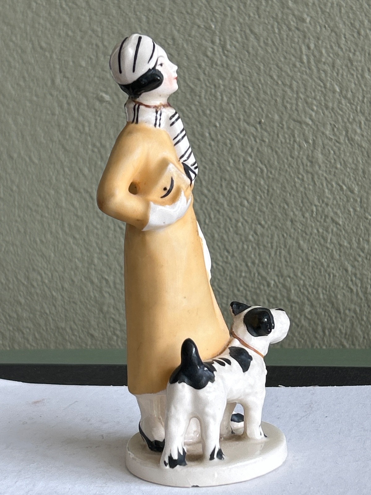 Art Deco Porcelain Lady With Dog Figurine Orange/Red Dress 1930s