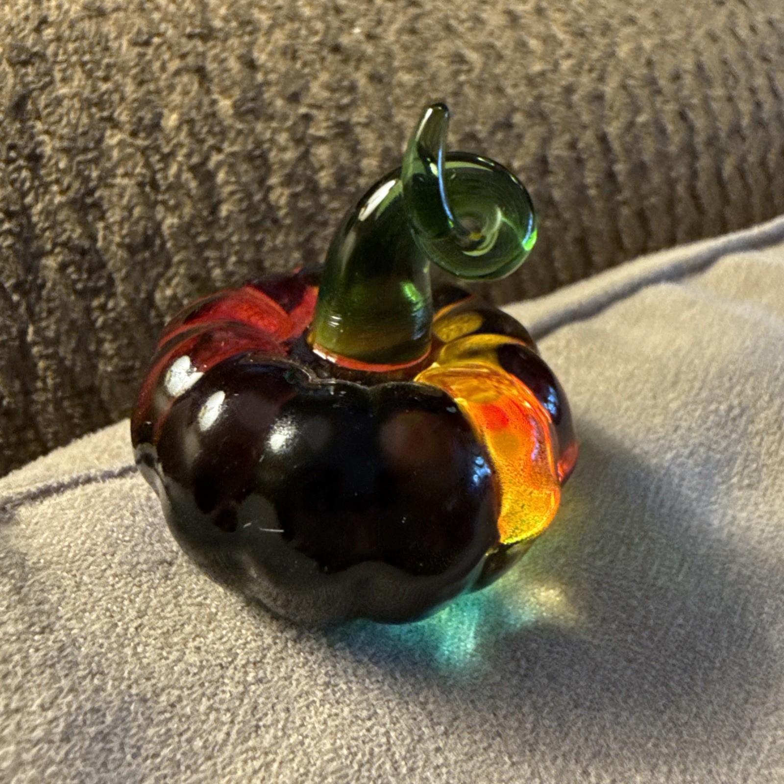 Handcrafted Glass Multi Colored Pumpkin With Green Stem Figurine