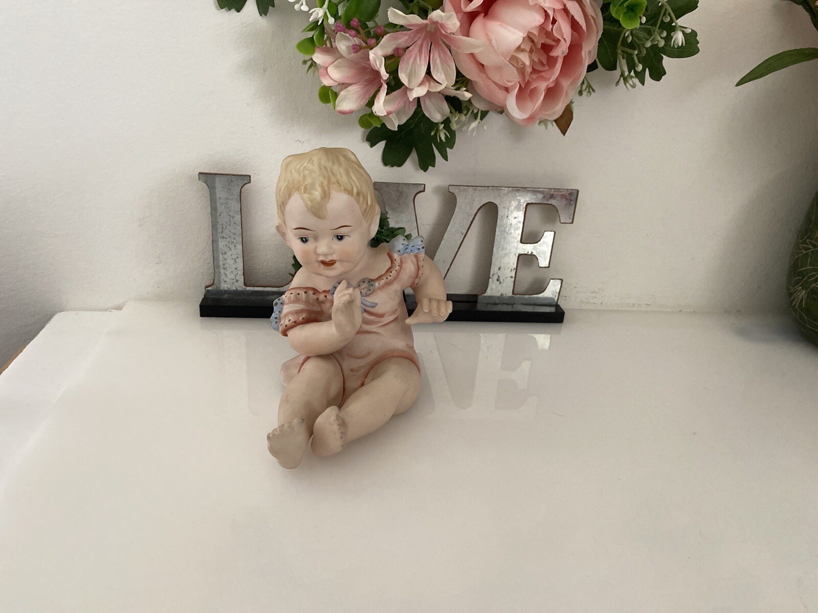 Porcelain Bisque Piano Baby Boy Pink Dress Blue Bows Sitting Up Stamped 23/112