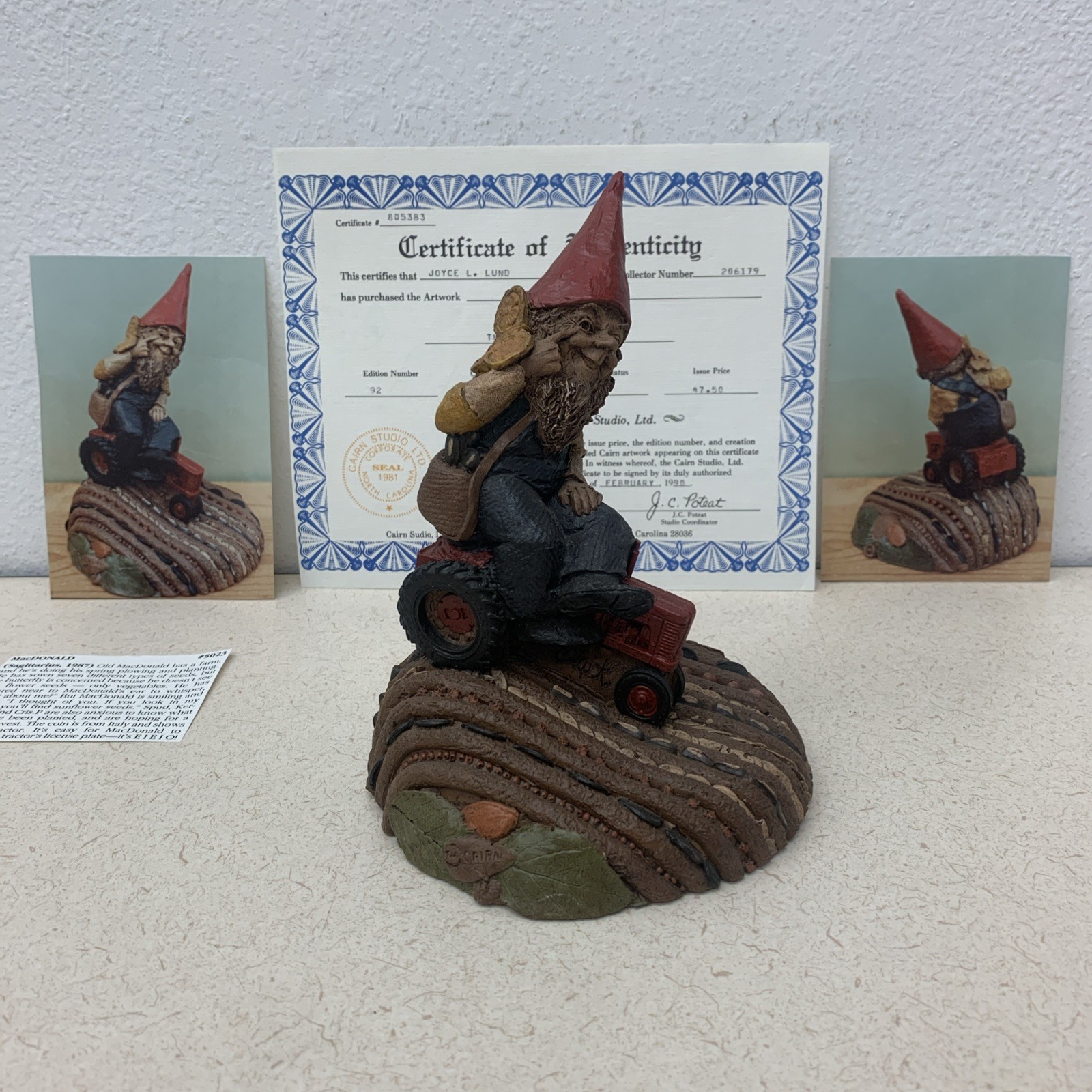 Vintage Tom Clark Gnome Farmer Old MacDonald Tractor 1987#92 Garden Figurine COA
