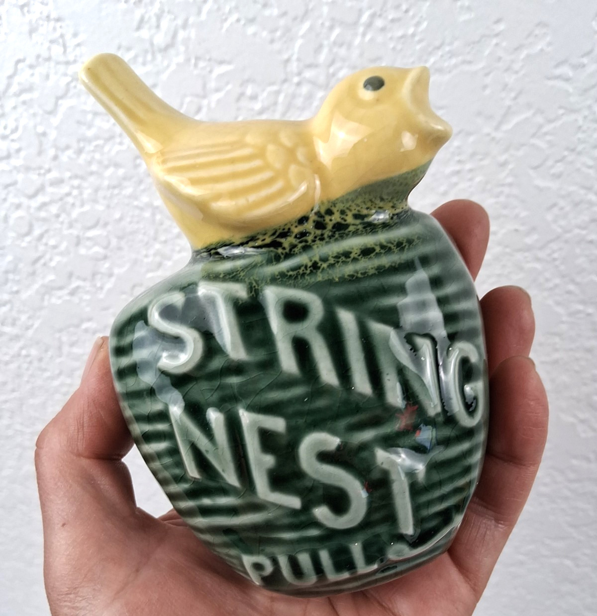 1980’s Vintage Ceramic Singing Yellow Bird String Holder, Wall Art CUTE!