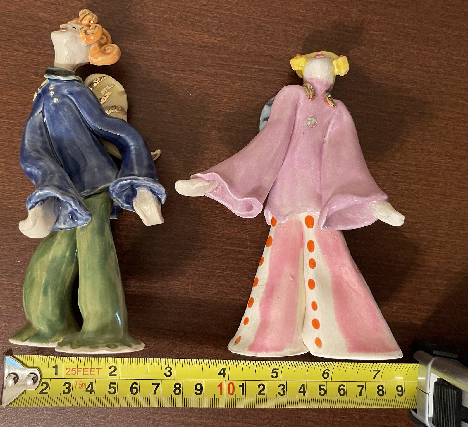 Pair Y2K 2 Studio Pottery Whimsical Folk Art 6” Pink & Blue Angels Signed RA 00