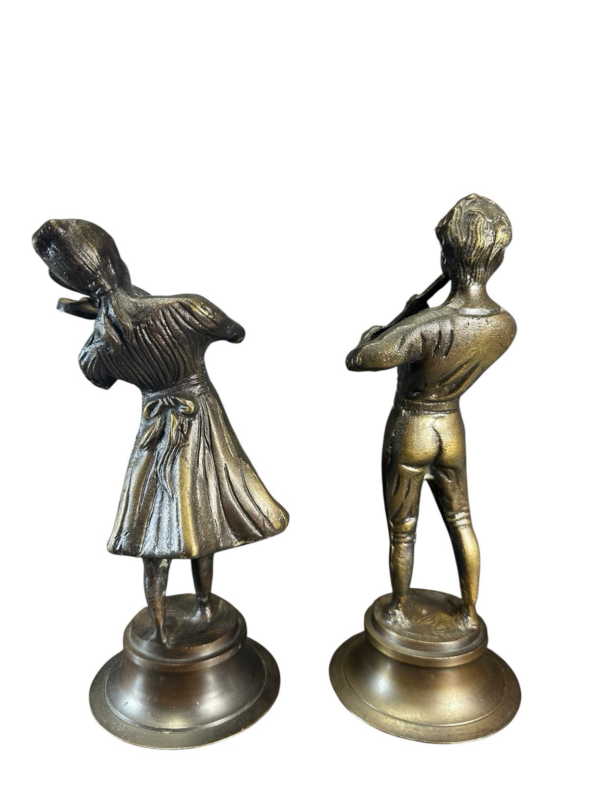 Vintage Brass Musician Figurines – Boy with Flute & Girl with Violin. 9” Tall.