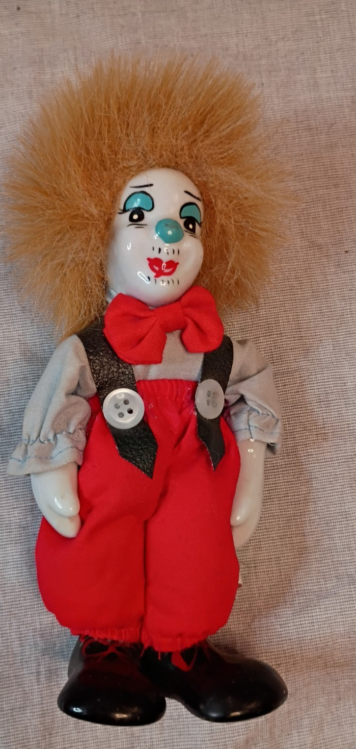 Nadel & Sons Toy Corporation Porcelain Clown Figurine 7 inches overalls VTG
