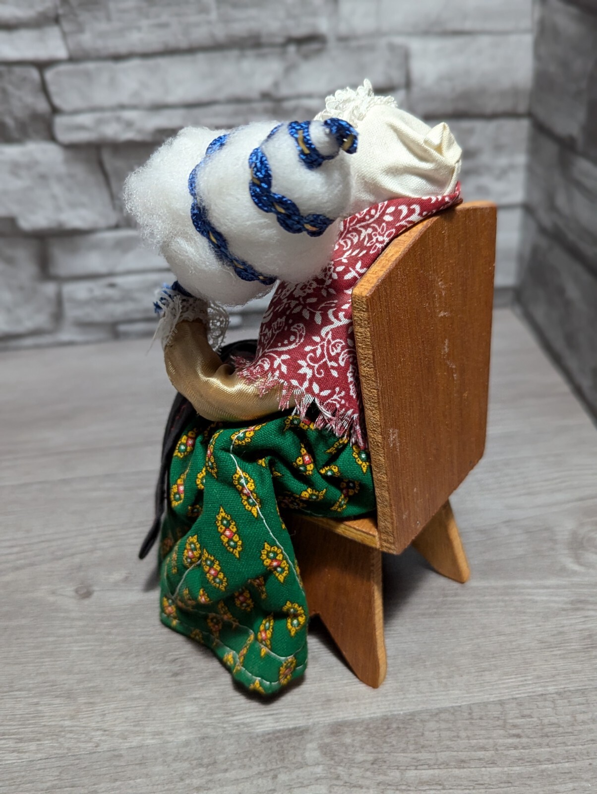 Vintage 8″ French Old Lady Art Doll Terra Cotta Clay Fabric Seated Figurine